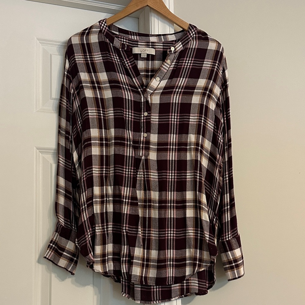 LOFT Plaid Button-Down Shirt - Burgundy and Cream
